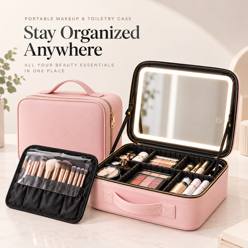 LED Makeup Organizer Travel Case with Lighted Mirror – Portable Cosmetic Storage Bag