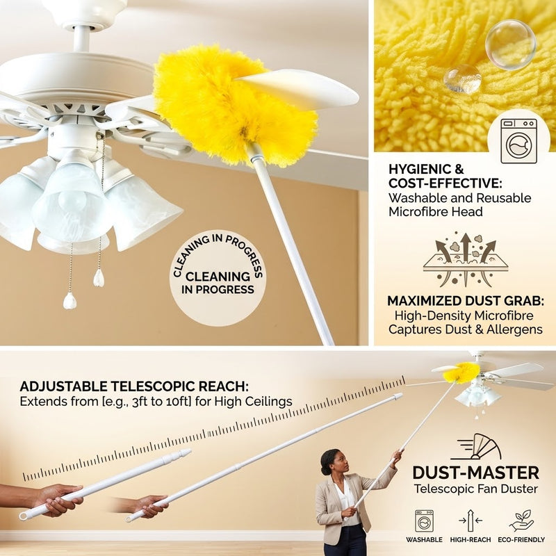 Telescopic Ceiling Fan Duster – Washable Microfibre Fan Cleaner with Aluminium Extension Pole