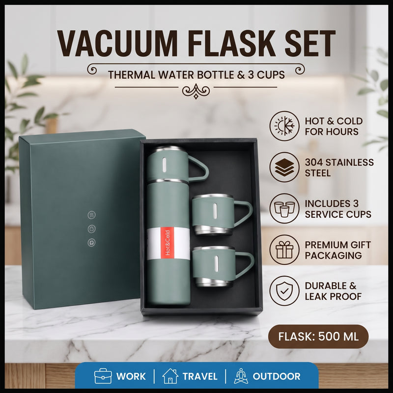 Vacuum Flask Set – Thermal Water Bottle with 3 Stainless Steel Cups & Gift Box