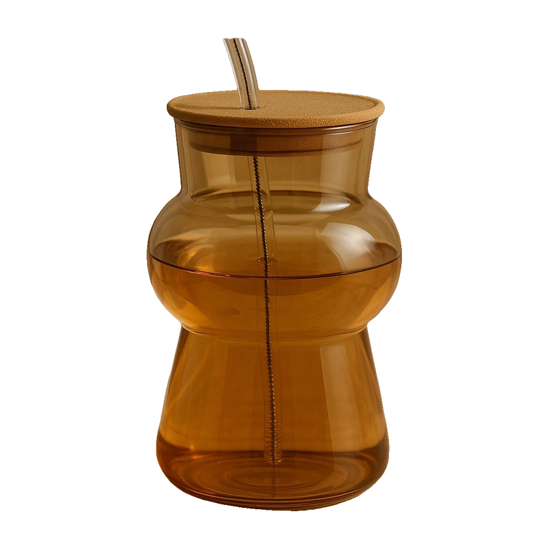 Amber Hourglass Glass Cup with Lid & Straw – Premium Reusable Drinking Cup