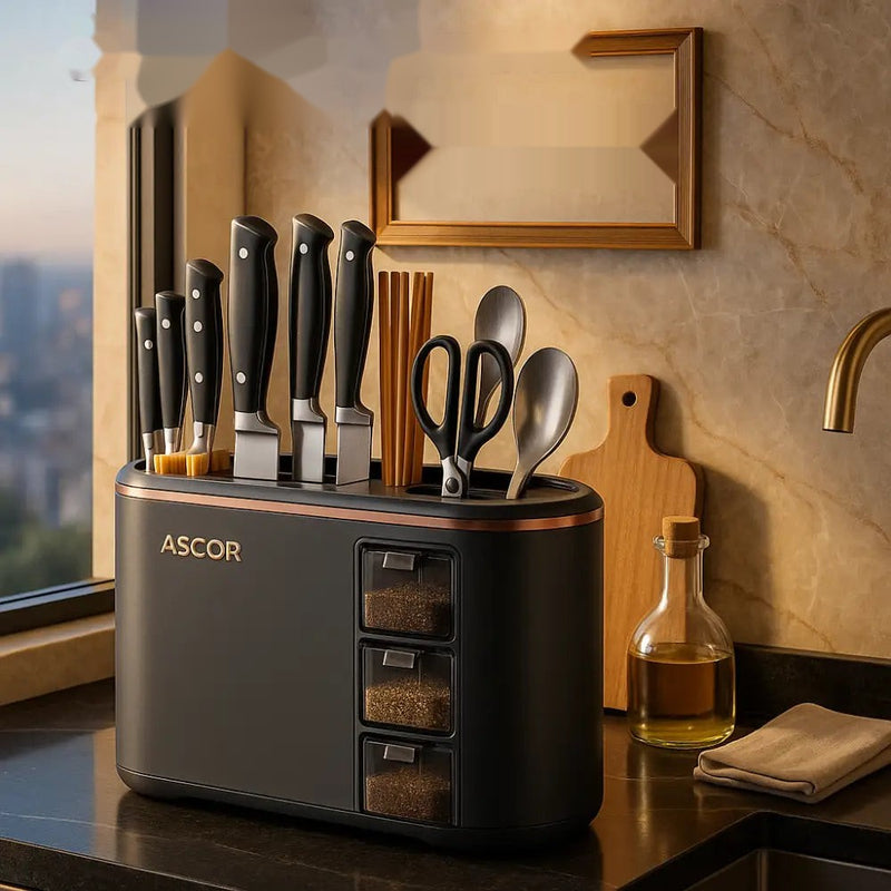 Ascor Luxe 8-in-1 Kitchen Organizer – Knife, Utensil & Spice Holder