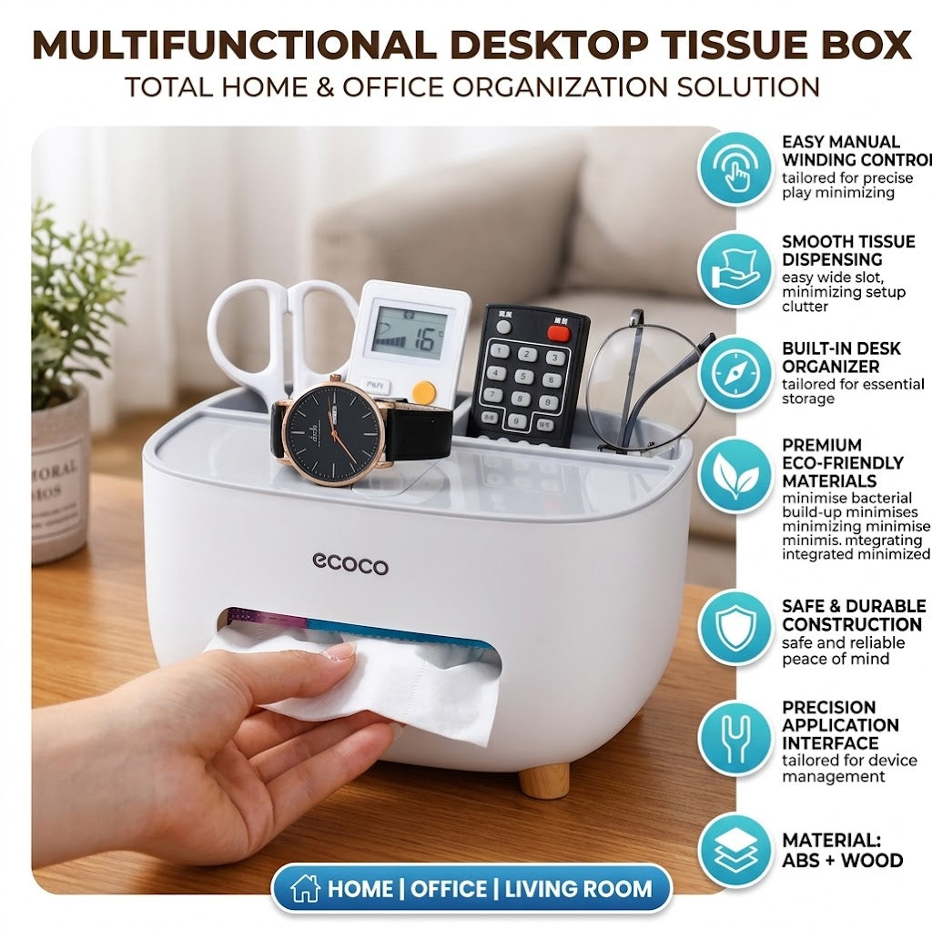 Ecoco Multifunctional Tissue Box Holder – Desktop Organizer with Remote Storage & Phone Rest, 21cm