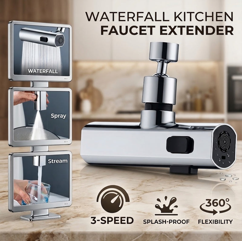 Waterfall Kitchen Faucet Extender – 3 Speed Rotating Splash-Proof Tap Nozzle