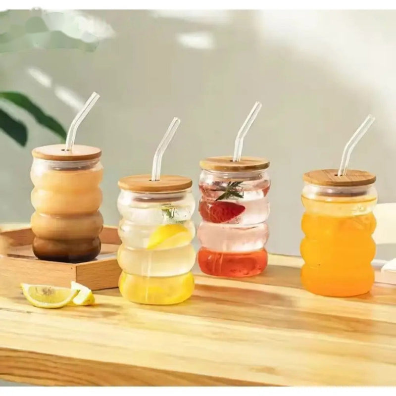 Curvy Glass Tumbler Set with Bamboo Lids & Glass Straws – Aesthetic Iced Coffee & Juice Cups