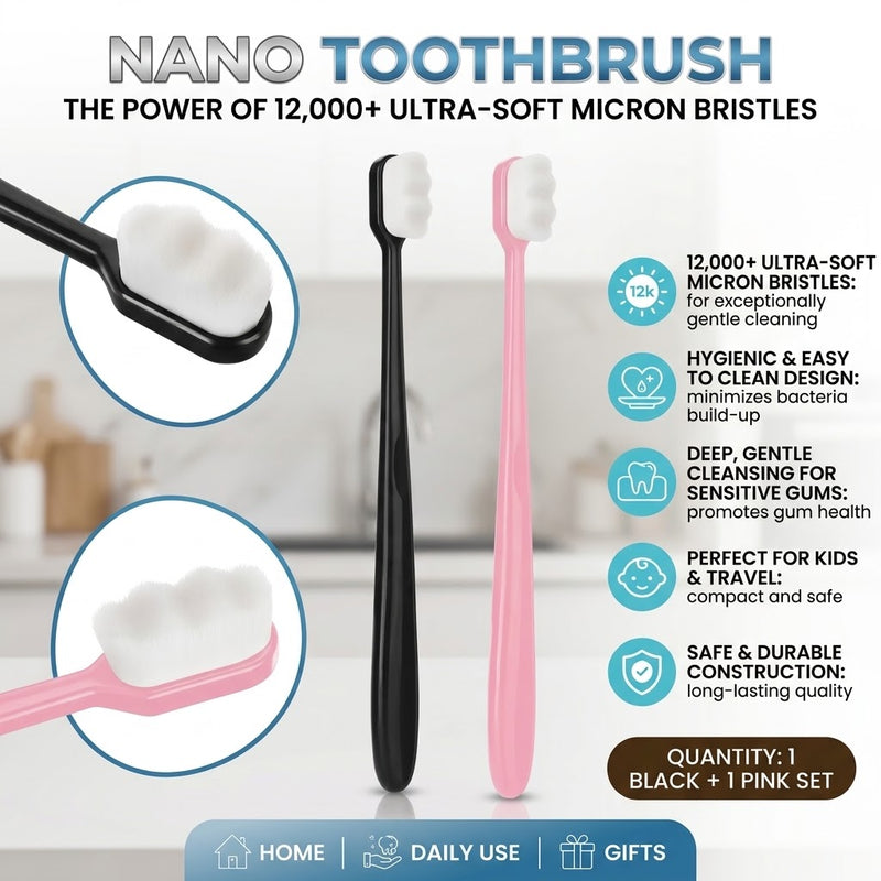 Nano Toothbrush – 12,000 Ultra-Soft Micron Bristles for Sensitive Gums, Kids & Travel