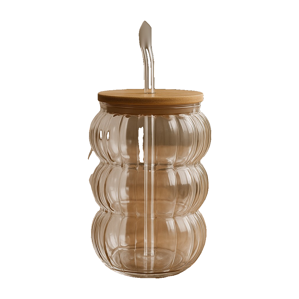 Delisoga Bubble Wave Glass Cup with Bamboo Lid & Glass Straw – Premium Transparent Drinkware