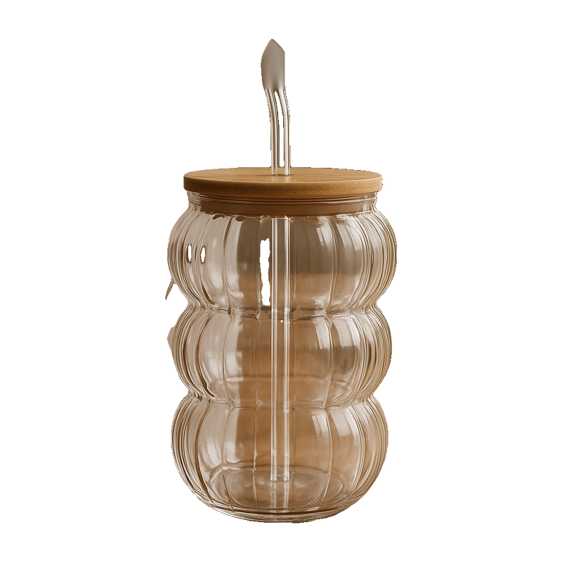 Delisoga Bubble Wave Glass Cup with Bamboo Lid & Glass Straw – Premium Transparent Drinkware