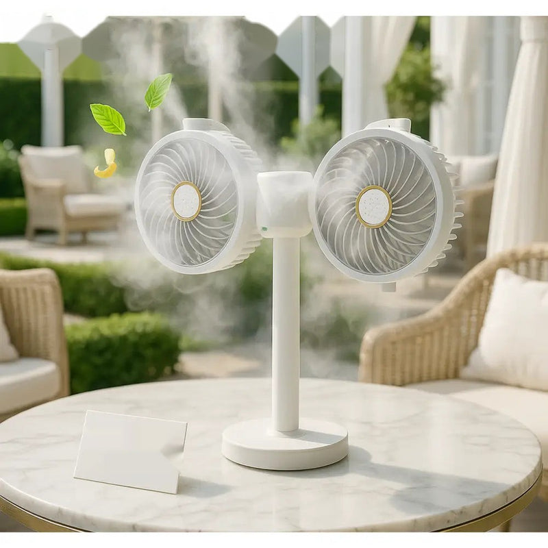 Dual-Head Aromatherapy Mist Fan – Portable & Rechargeable
