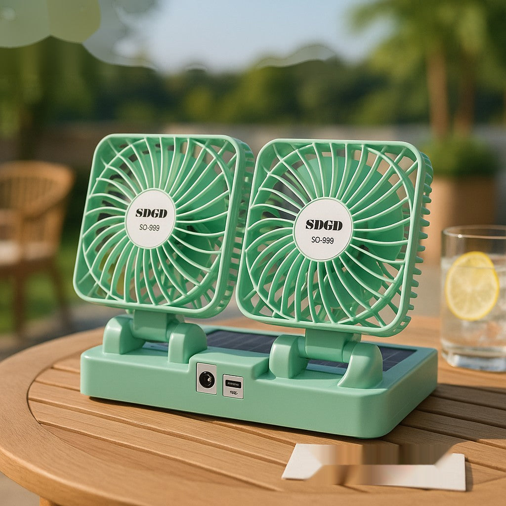 Dual Solar Rechargeable Fan – Portable USB Cooling Fan with Dual Heads
