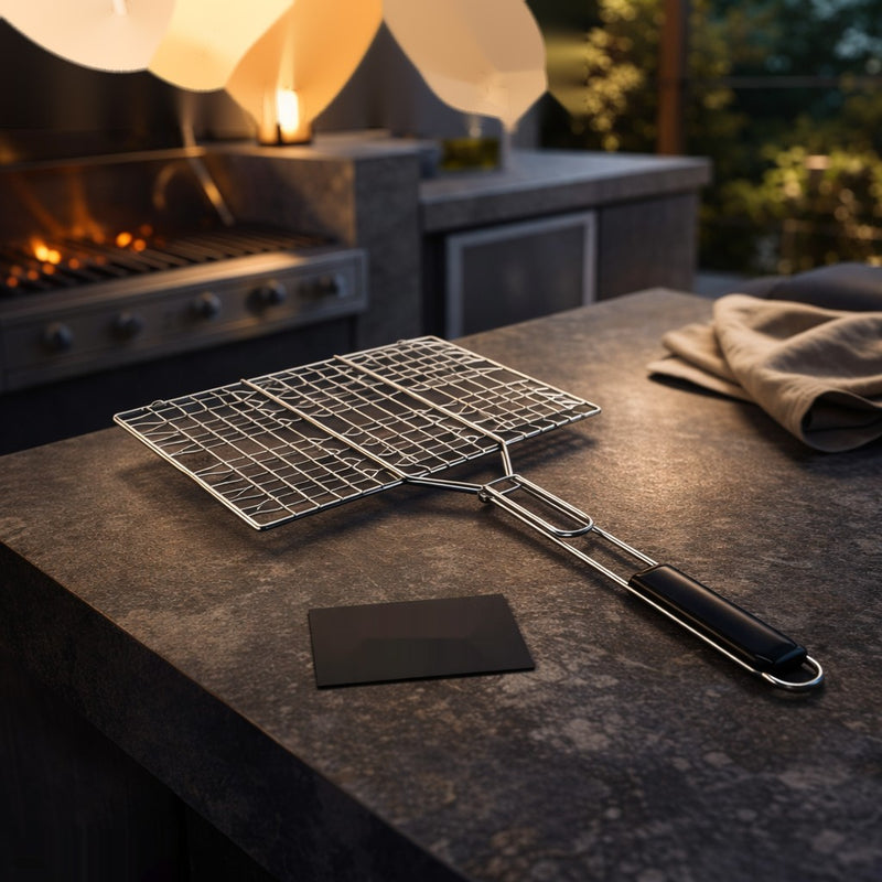Elegant Brand Premium Stainless Steel BBQ Grill Basket – Folding Wire Mesh Barbecue Basket for Fish, Vegetables & Meat