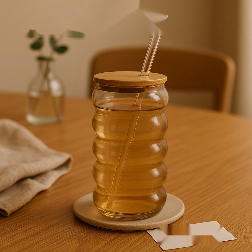 HoneyWave Glass Tumbler with Bamboo Lid & Glass Straw – Premium Ripple Design
