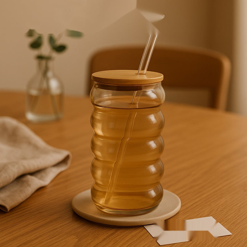 HoneyWave Glass Tumbler with Bamboo Lid & Glass Straw – Premium Ripple Design