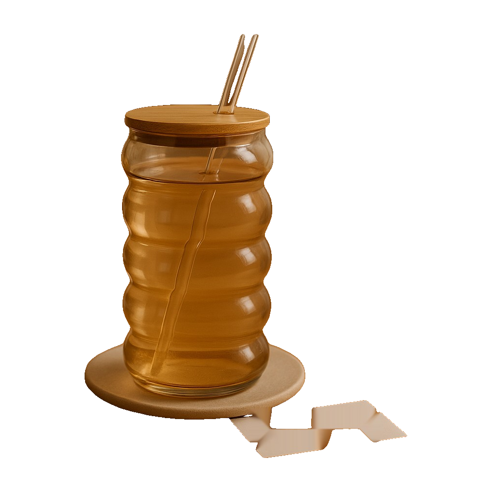 HoneyWave Glass Tumbler with Bamboo Lid & Glass Straw – Premium Ripple Design