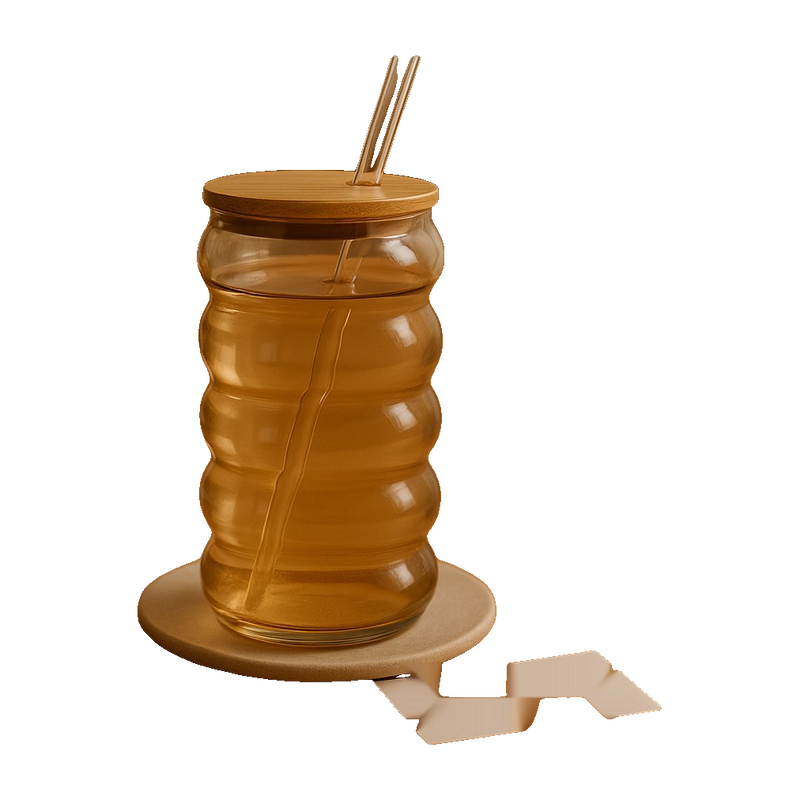 HoneyWave Glass Tumbler with Bamboo Lid & Glass Straw – Premium Ripple Design