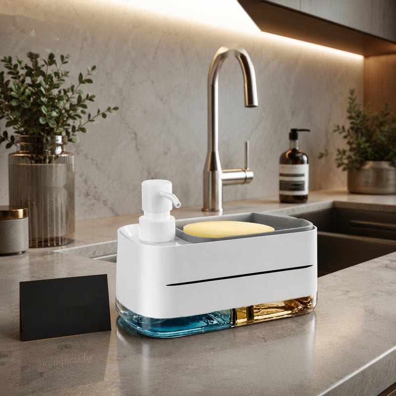 Kitchen Dishwashing Soap Dispenser with Dual Compartments & Sponge Tray