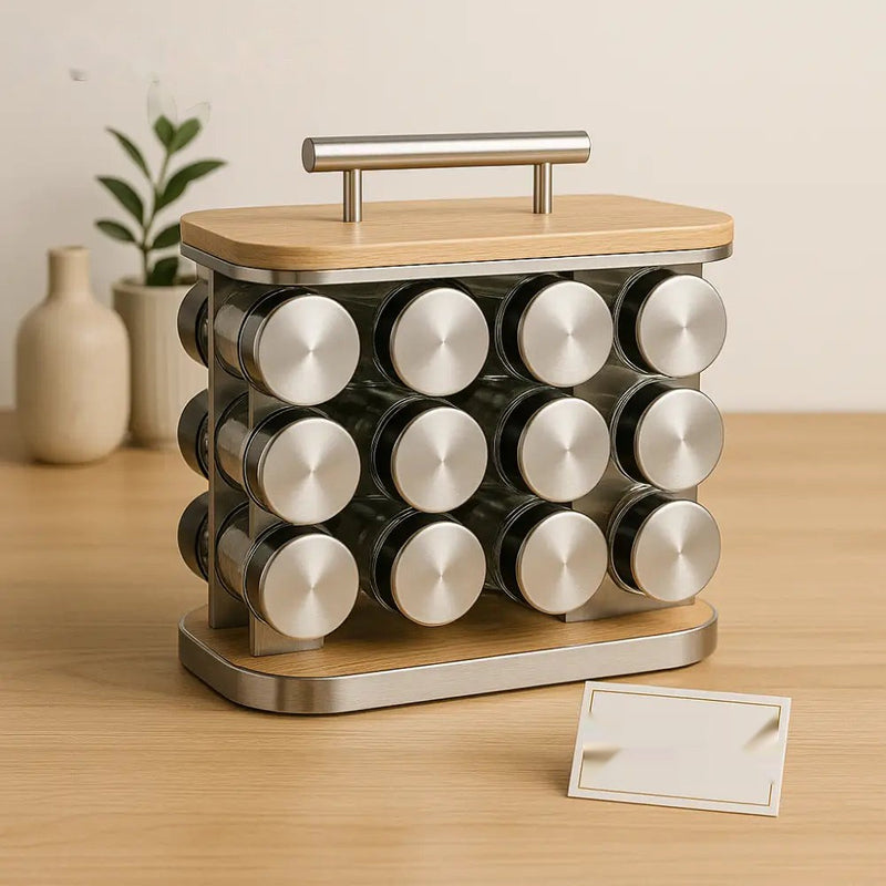 Luxury 12-Jar Rotating Spice Rack Organizer with Bamboo Top & Stainless Steel Lids