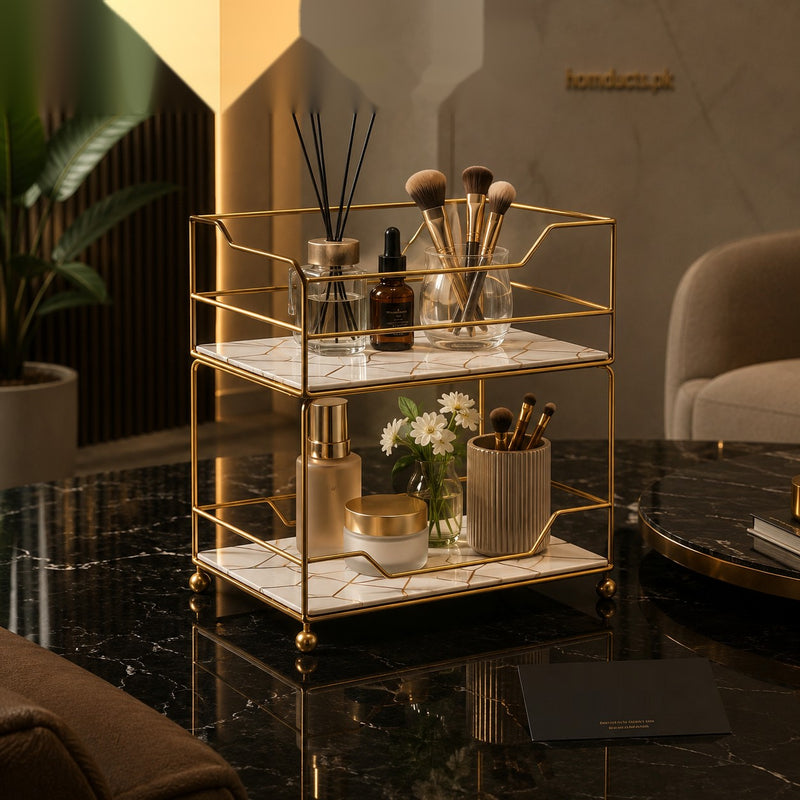 Luxury 2-Tier Gold Vanity Organizer Rack for Bathroom Countertop & Makeup Storage Display Shelf
