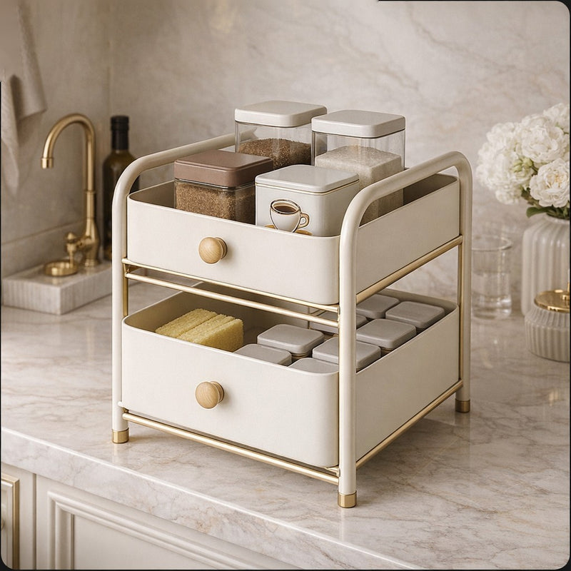 Luxury 2-Tier Kitchen Counter Organizer with Drawers – Premium Metal Storage Rack for Spices, Coffee & Essentials