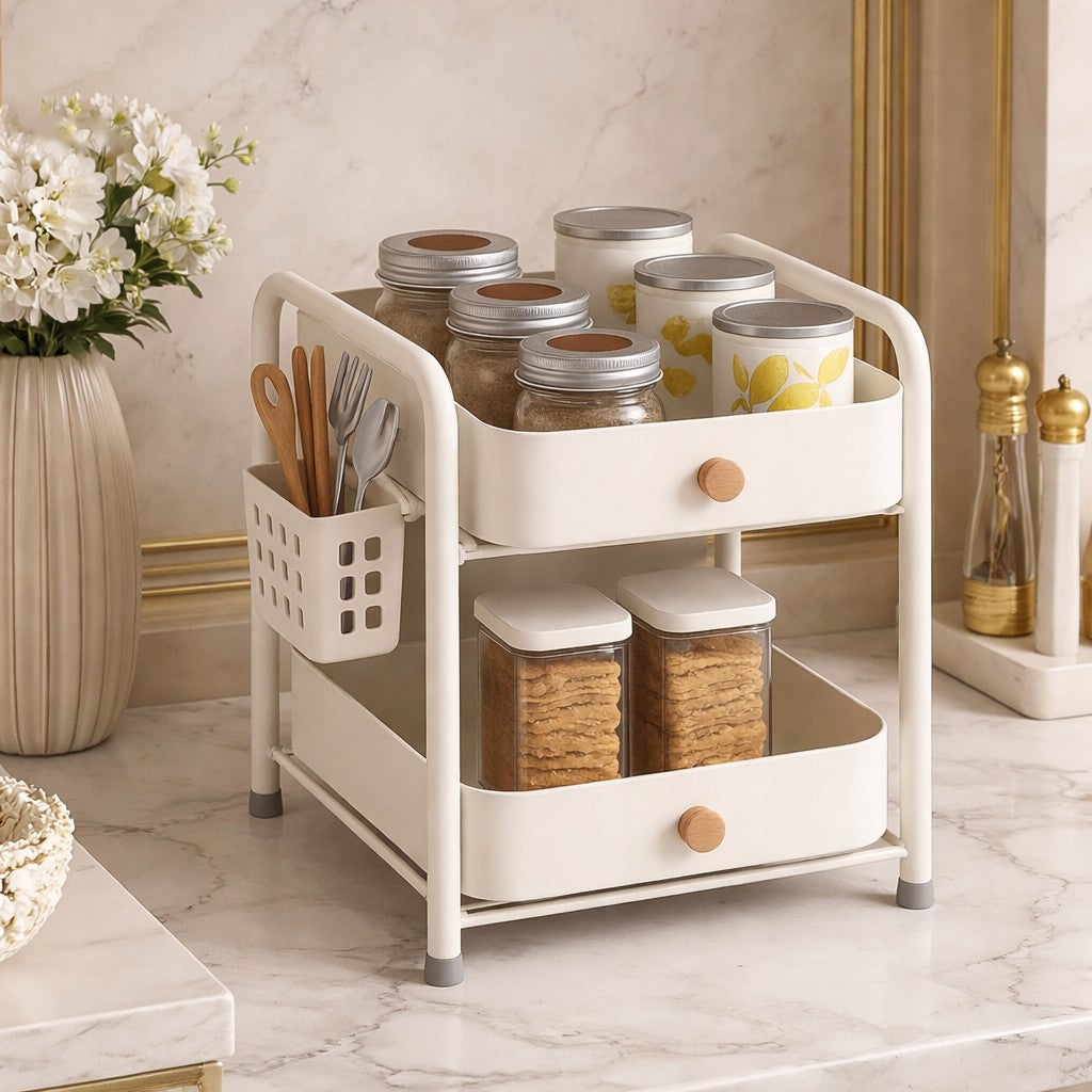 Luxury 2-Tier Kitchen Countertop Organizer Rack with Wooden Knobs | Multi-Purpose Storage Stand