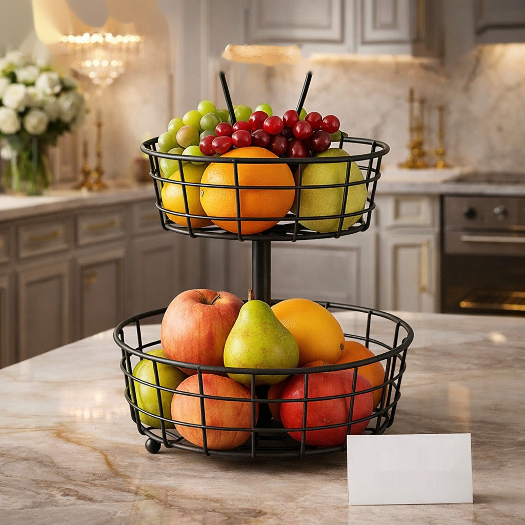 Luxury 2-Tier Metal Fruit Basket with Wooden Handle – Premium Kitchen Organizer