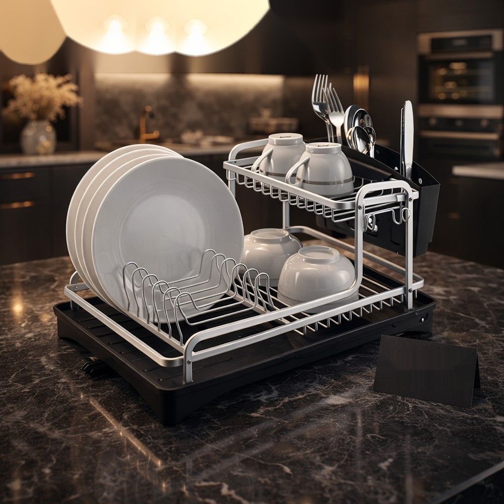 Luxury 2-Tier Stainless Steel Dish Drying Rack with Drip Tray & Cutlery Holder