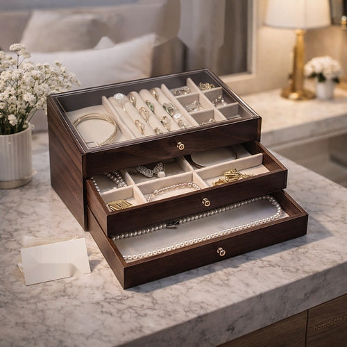 Luxury 3-Layer Wooden Jewelry Organizer Box with Glass Display & Velvet Compartments