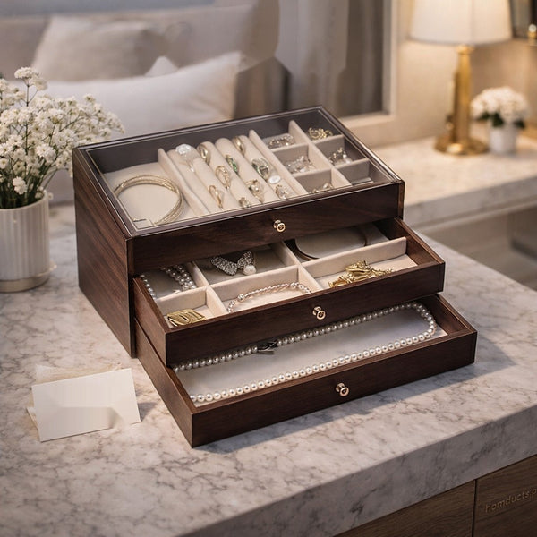 Luxury 3-Layer Wooden Jewelry Organizer Box with Glass Display & Velvet Compartments