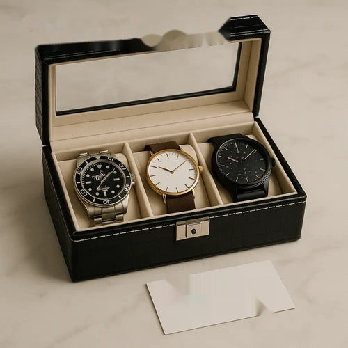 Luxury 3-Slot Black Leather Watch Organizer Box with Glass Lid – Premium Display Case