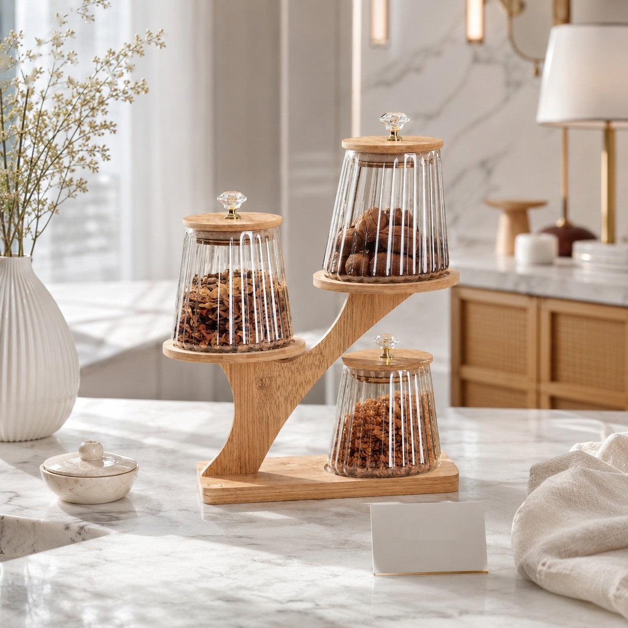 Luxury 3-Tier Glass Snack Jar Stand with Wooden Holder | Premium Dry Fruit & Candy Storage Organizer