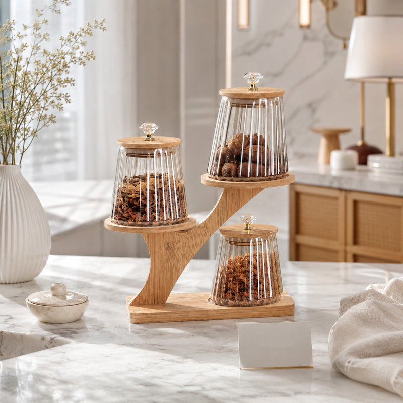 Luxury 3-Tier Glass Snack Jar Stand with Wooden Holder | Premium Dry Fruit & Candy Storage Organizer