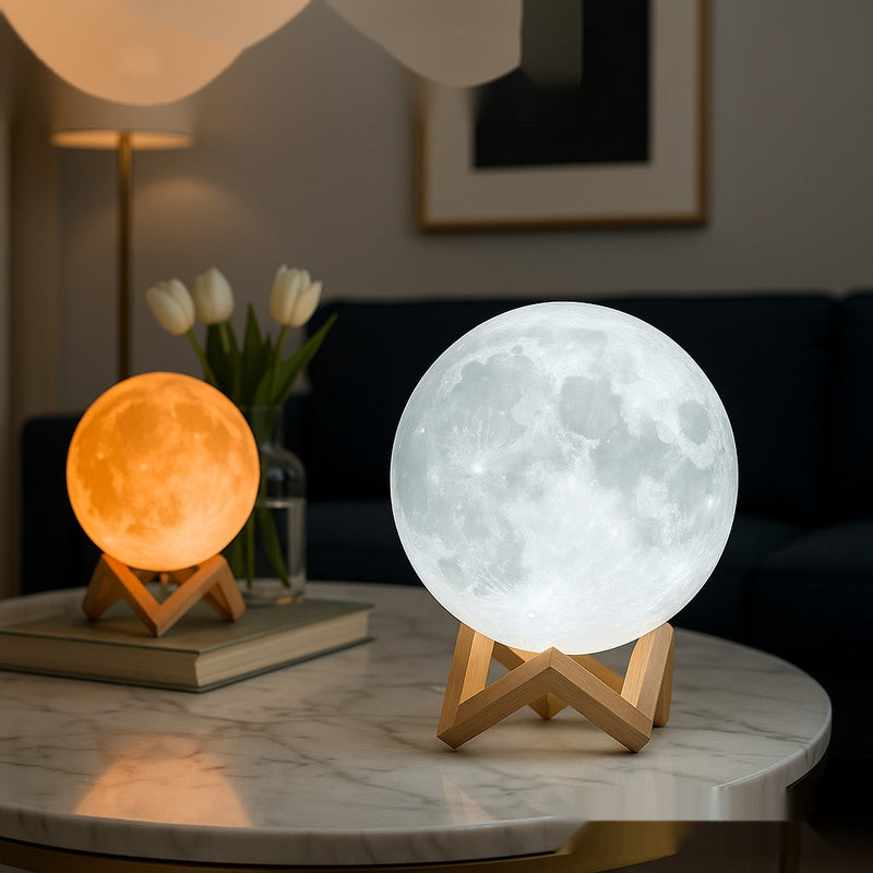 Luxury 3D Moon Lamp with Wooden Stand – Warm & Cool LED Night Light