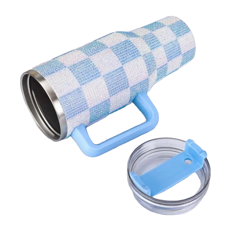 Luxury 40oz 1200ml Rhinestone Tumbler - Sparkling Checkered White and Blue Drinkware — view 6