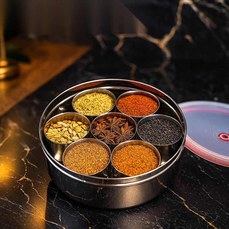 Luxury 7-Compartment Stainless Steel Spice Box (Masala Dabba) – Extra Deep Katoris | Premium Kitchen Storage