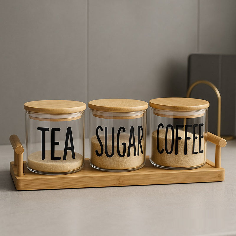 Luxury Bamboo Tea Sugar Coffee Jar Set – 3 Glass Canisters with Airtight Wooden Lids & Tray