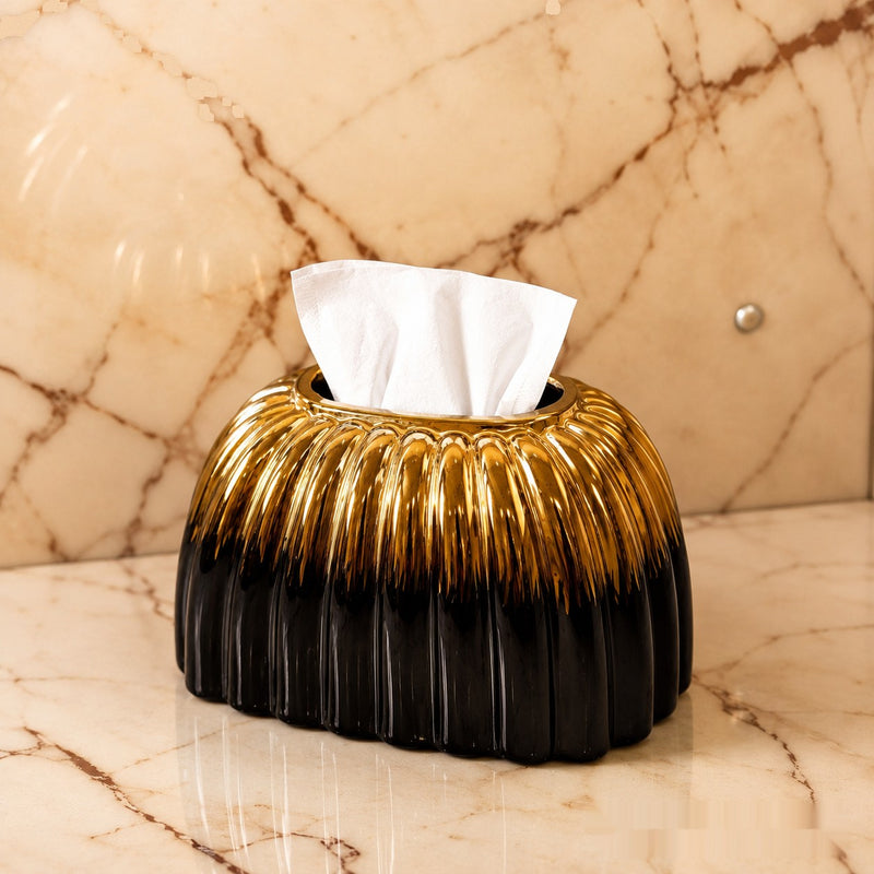 Luxury Black & Gold Ceramic Tissue Box Holder – Modern Ribbed Decorative Tissue Cover (1 Pc)