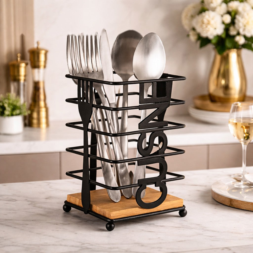 Luxury Black Metal Cutlery Holder with Wooden Base | Modern Kitchen Utensil Organizer