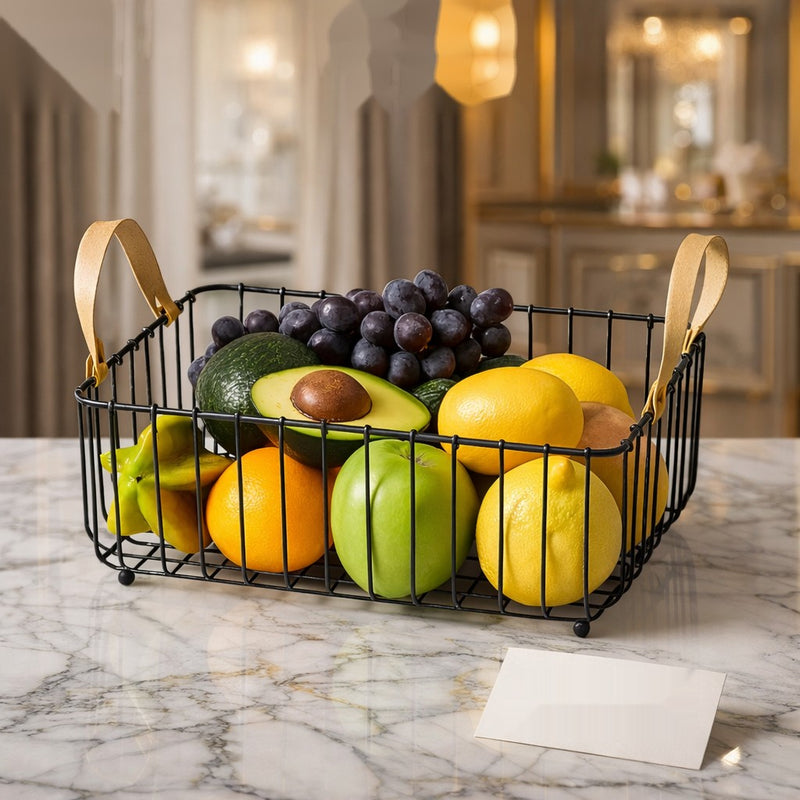 Luxury Black Metal Fruit Basket with Wooden Handles – Premium Kitchen Organizer