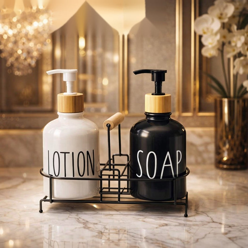 Luxury Ceramic Soap & Lotion Dispenser Set with Metal Stand – Modern Bathroom Counter Organizer