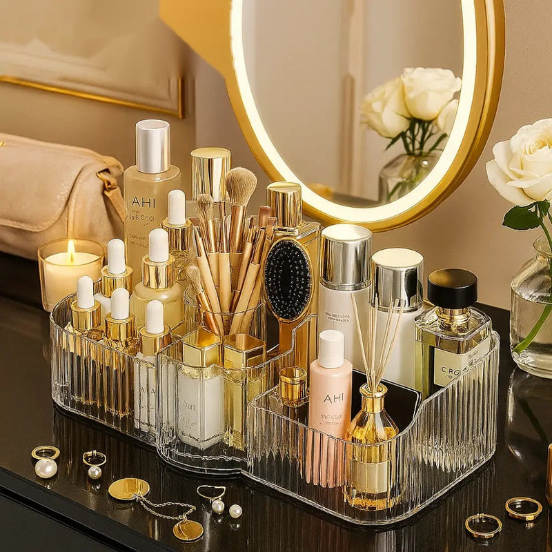 Luxury Clear Acrylic Makeup Organizer with Compartments for Brushes, Perfumes & Skincare