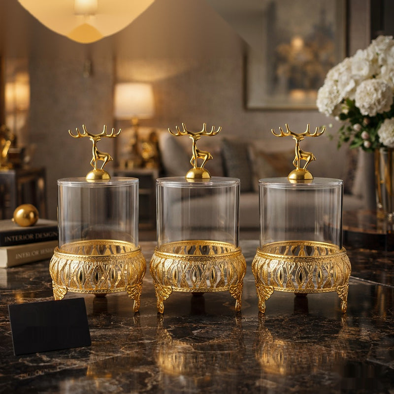 Luxury Crystal Storage Jar Set with Decorative Deer Lid – 3 Pcs Elegant Organizer