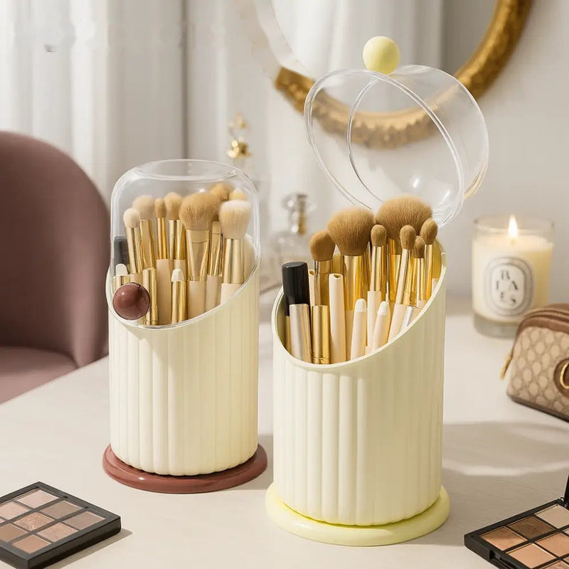 Luxury Dome-Lid Makeup Brush Organizer Set – Ribbed Vanity Storage with Gold Accents