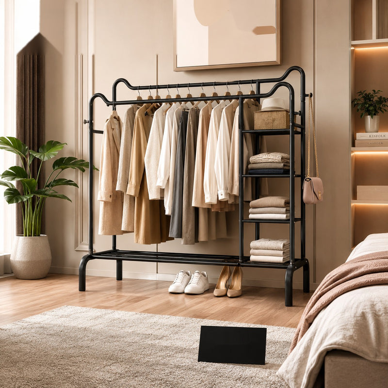 Luxury Double Rod Metal Clothes Rack Organizer with Storage Shelves for Bedroom & Dressing Room