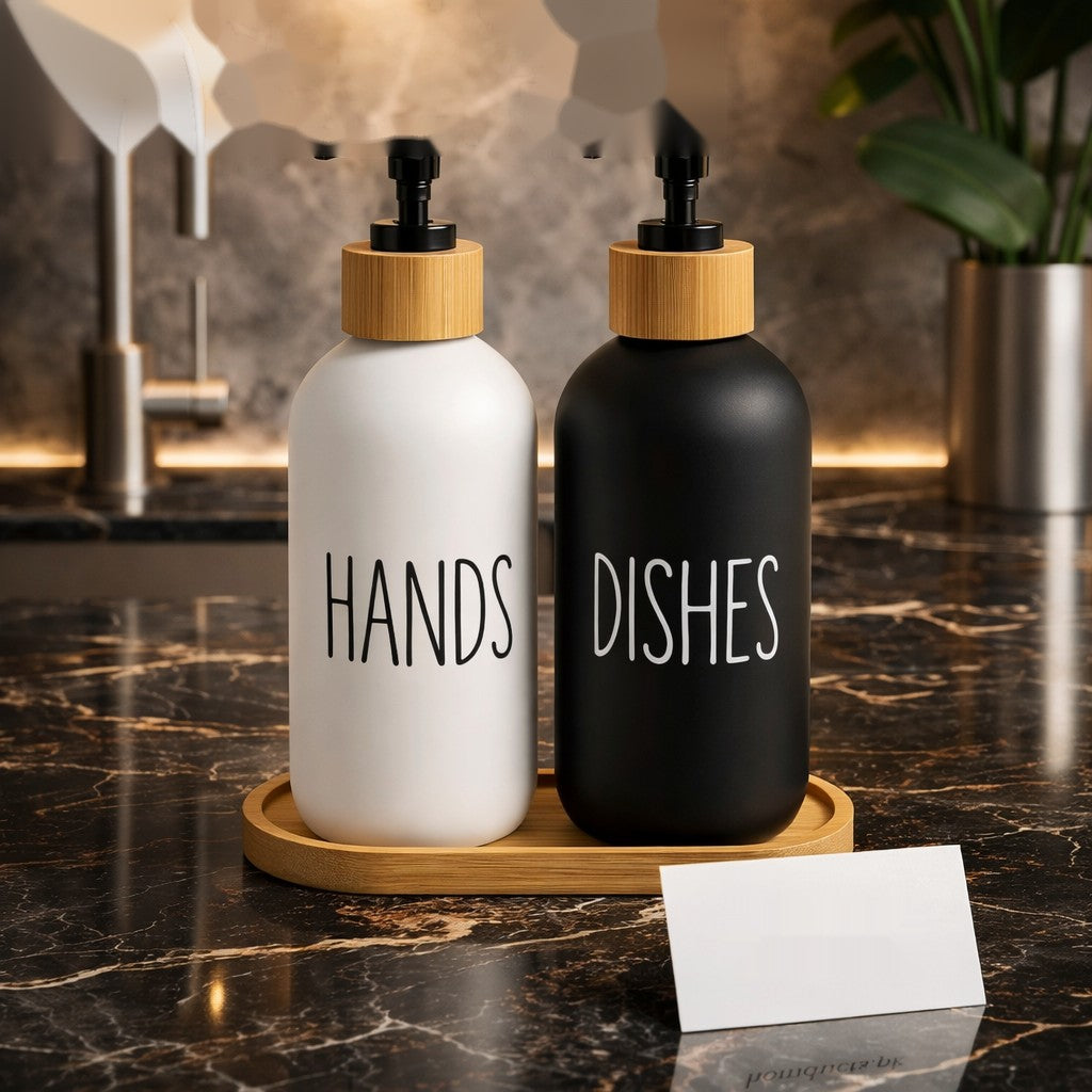 Luxury Dual Soap Dispenser Set with Bamboo Tray – Hand Wash & Dish Soap (2-Piece Set)