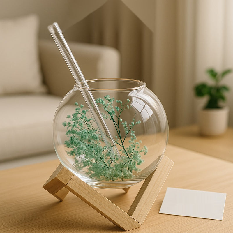 Luxury Glass Globe Drinking Cup with Wooden Stand – Elegant Round Beverage Glass