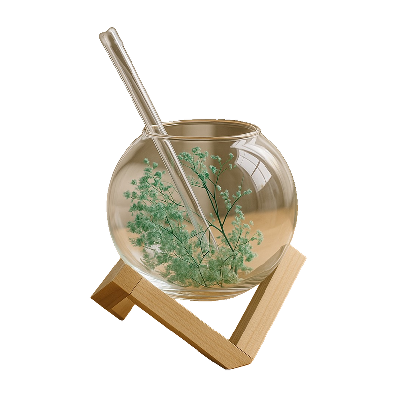 Luxury Glass Globe Drinking Cup with Wooden Stand – Elegant Round Beverage Glass