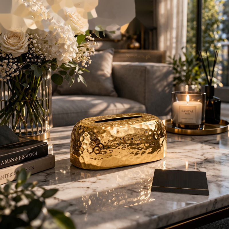 Luxury Hammered Gold & Silver Tissue Box Holder – 1pc Premium Decorative Dispenser