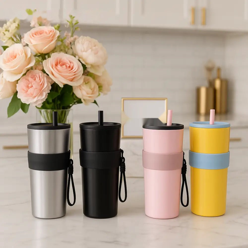 Luxury Insulated Travel Tumbler with Straw & Grip – 4 Colors