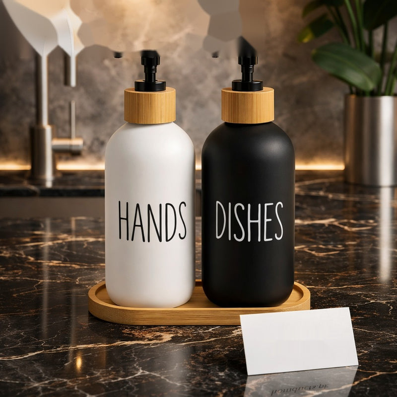 Luxury Kitchen Soap & Dish Dispenser Set with Bamboo Tray — Hands & Dishes Pump Bottles