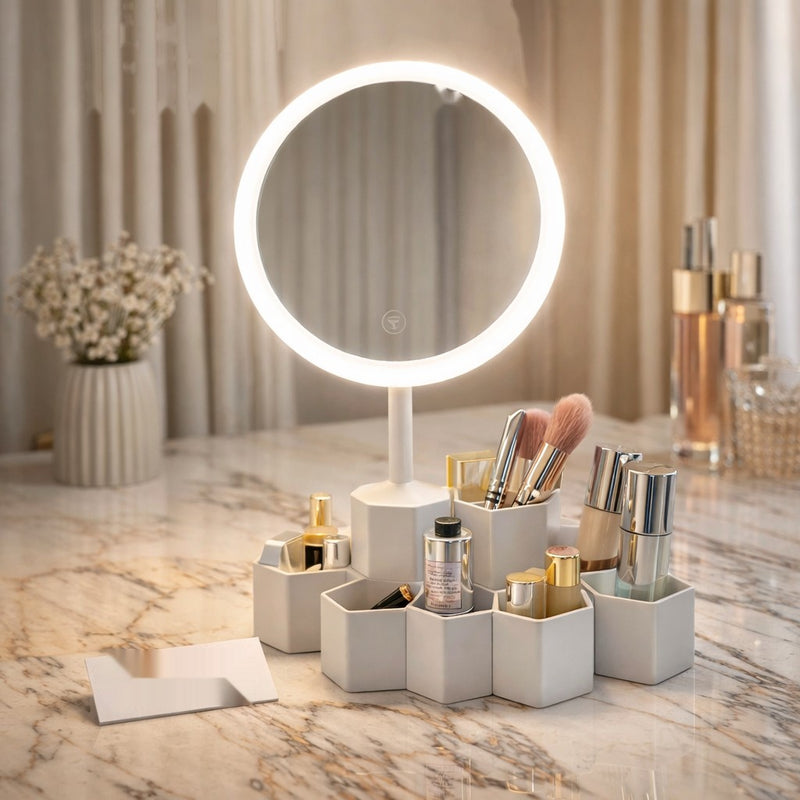 Luxury LED Vanity Mirror Organizer with Multi-Compartment Cosmetic Storage