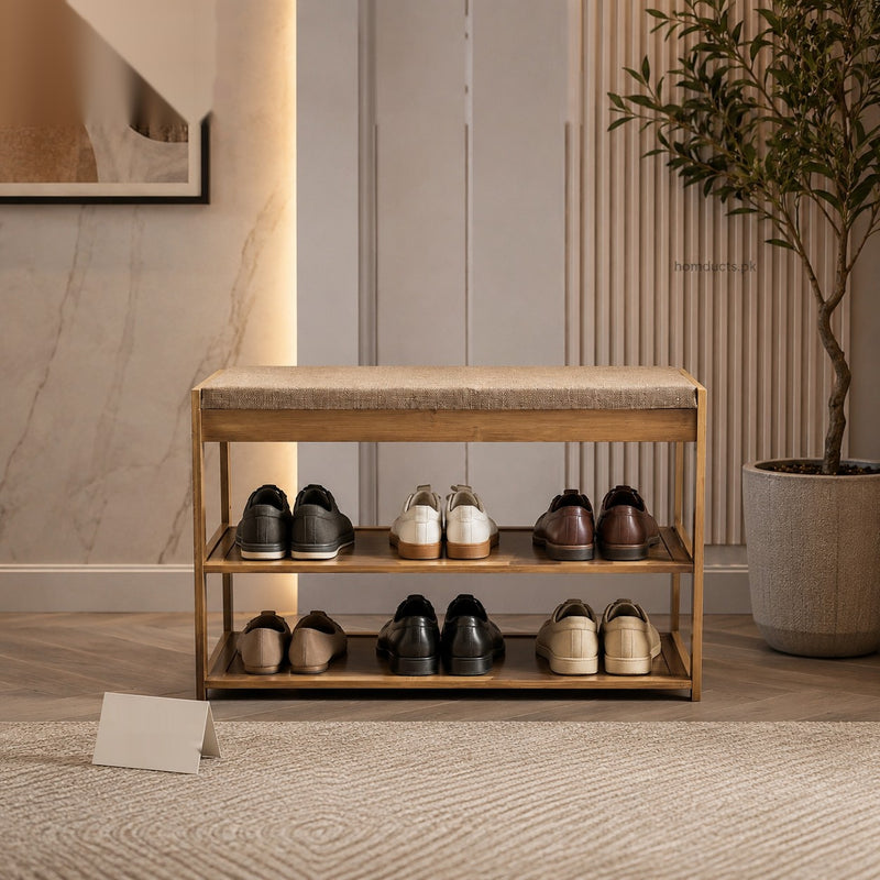 Luxury Modern Wooden Shoe Rack Bench with Cushioned Seating & Storage Shelves